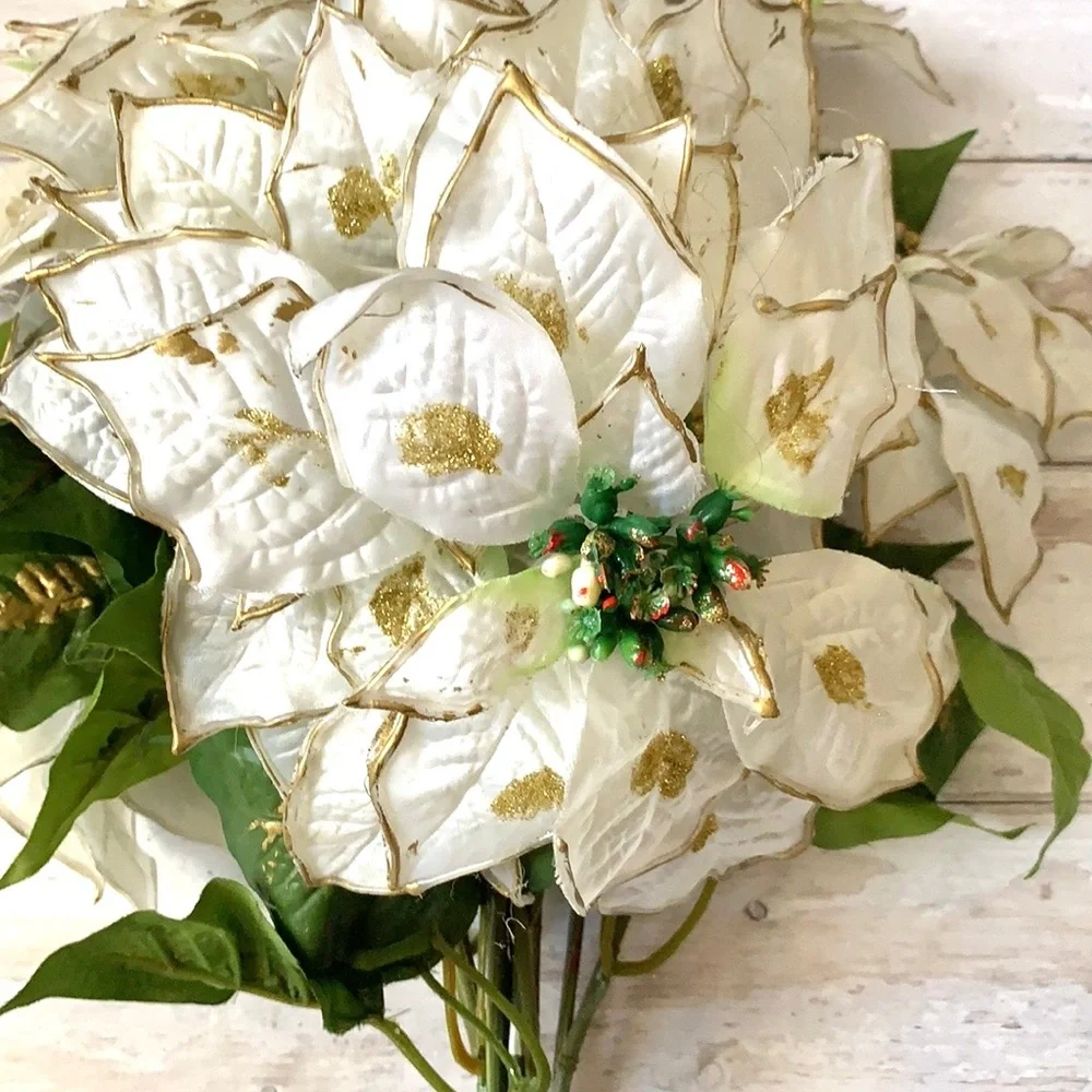 White Gold Poinsettia Faux Flower Bouquets 2 Pack Artificial Flowers